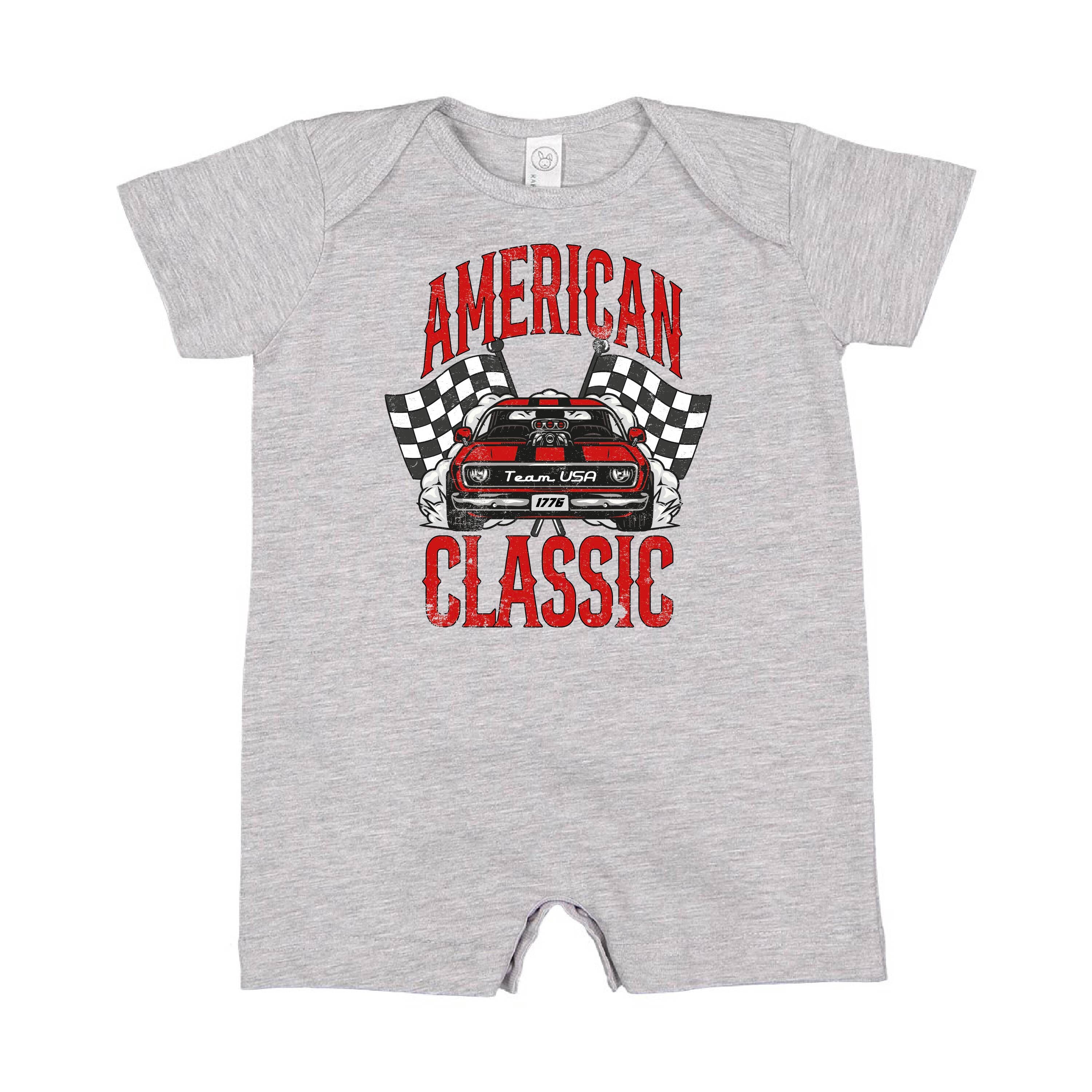 American Classic Car - Shorts Romper | All American Kid | Patriotic Baby Outfit | Let Freedom Ring | USA Accessories | Muscle Car Outfit |