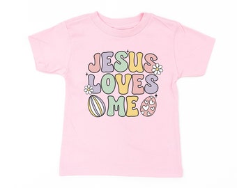 Easter Eggs Jesus Loves Me - GIRL Version - Short Sleeve Child Shirt | Kids Easter Outfit | Love My Peeps | Easter Graphic Tee | Faith |