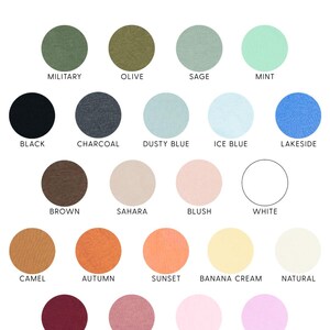 Op de afbeelding: Kleurenkaart voor unisex T-shirts van Bella+Canvas voor volwassenen. De kaart toont 20 verschillende kleuropties, waaronder legergroen, zwart, houtskool, stoffig blauw, bruin, kameel, cranberry en meer. Elke kleur wordt weergegeven door een cirkelvormige kleurstaal met de naam eronder.