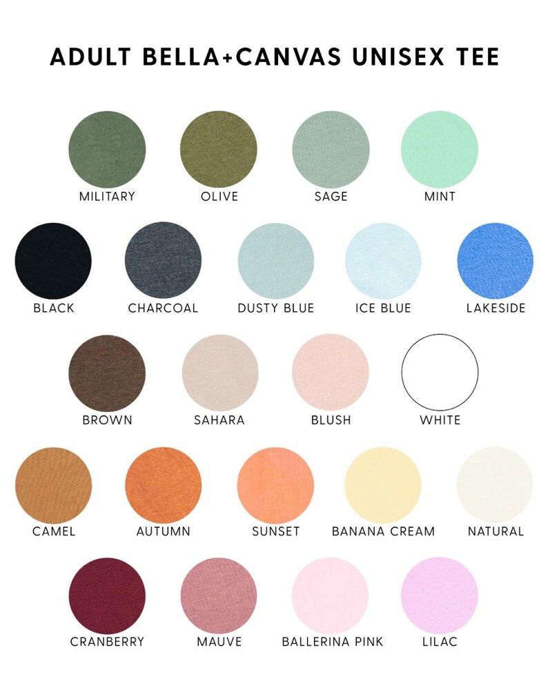 Op de afbeelding: Kleurenkaart voor unisex T-shirts van Bella+Canvas voor volwassenen. De kaart toont 20 verschillende kleuropties, waaronder legergroen, zwart, houtskool, stoffig blauw, bruin, kameel, cranberry en meer. Elke kleur wordt weergegeven door een cirkelvormige kleurstaal met de naam eronder.