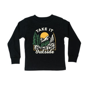 May include: Black long-sleeve shirt with a graphic of a mountain scene and the text "Take it Outside".