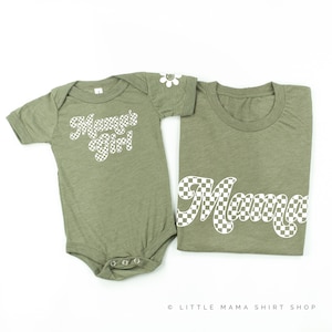 Retro Checkers - Mama/Mama&#39;s Girl - Set of 2 Shirts - OLIVE w/ WHITE DESIGN | Mommy and Me Shirts | Retro Matching Tees | Mom and Me