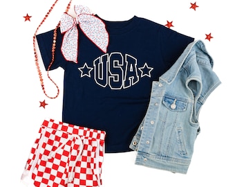 USA - Hollow Font - Koszulka dziecięca | Strój na 4 lipca | Koszulka patriotyczna | Koszulki dziecięce na 4 lipca | Koszulka graficzna America | Akcesoria USA |