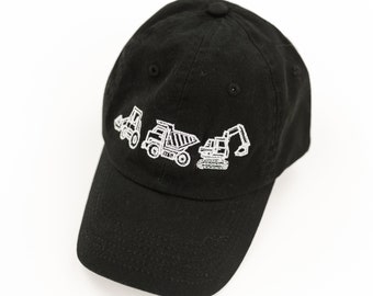 3 In A Row Construction Trucks - Child Size - BLACK Curved Brim Hat | Toddler Boy Hats |Boy Hat || Construction Trucks | Hats for Boys