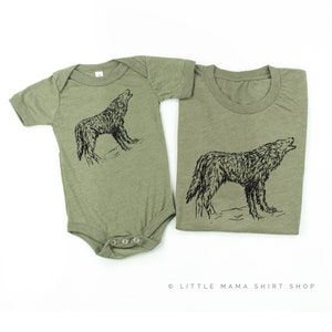 Wolf - Hand Drawn (FULL) | Set of 2 Shirts - OLIVE w/ BLACK | Mommy and Me Shirts | Father&#39;s Day Gift | Father and Son Shirts | Camping Tees