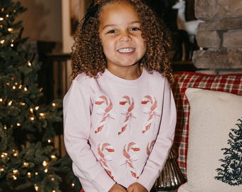 Può includere: Una bambina indossa una felpa rosa chiaro con un disegno a bastoncino di zucchero e pantaloni rossi a fantasia. La bambina sorride davanti a un albero di Natale e un camino in pietra. La felpa presenta sei bastoncini di zucchero.