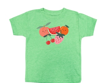 スマイリーフルーツのグループ - 半袖子供用シャツ | 子供用サマーシャツ | 子供用グラフィックTシャツ | 子供用シャツ | フルーツグラフィックTシャツ | 子供用スプリングTシャツ