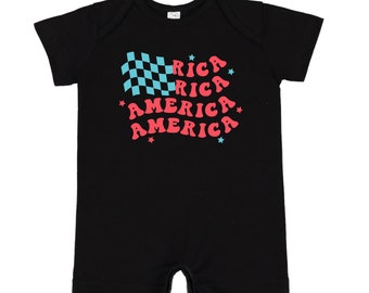 America - Checkers Flag - Short Sleeve / Shorts - One Piece Baby Romper | Infant Outfit | Patriotic Baby Outfit | Let Freedom Ring