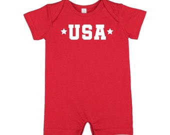 USA (Block Font - Two Stars) - Short Sleeve / Shorts - One Piece Baby Romper | Infant Outfit | Patriotic Baby Outfit | Let Freedom Ring |