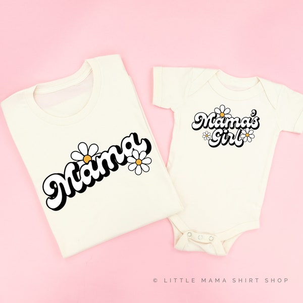 DAISY - MAMA / MAMA'S Girl - w/ Full Daisies on Back - Set of 2 Natural Shirts | Mommy and Me | Mom and Daughter Tees | Matching Spring Tees