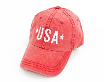 USA (Block Font - Two Stars) - Adult Size Baseball Cap | America Baseball Cap | 4th of July Hat | America Hat | Women's USA Hat | Men's Hats