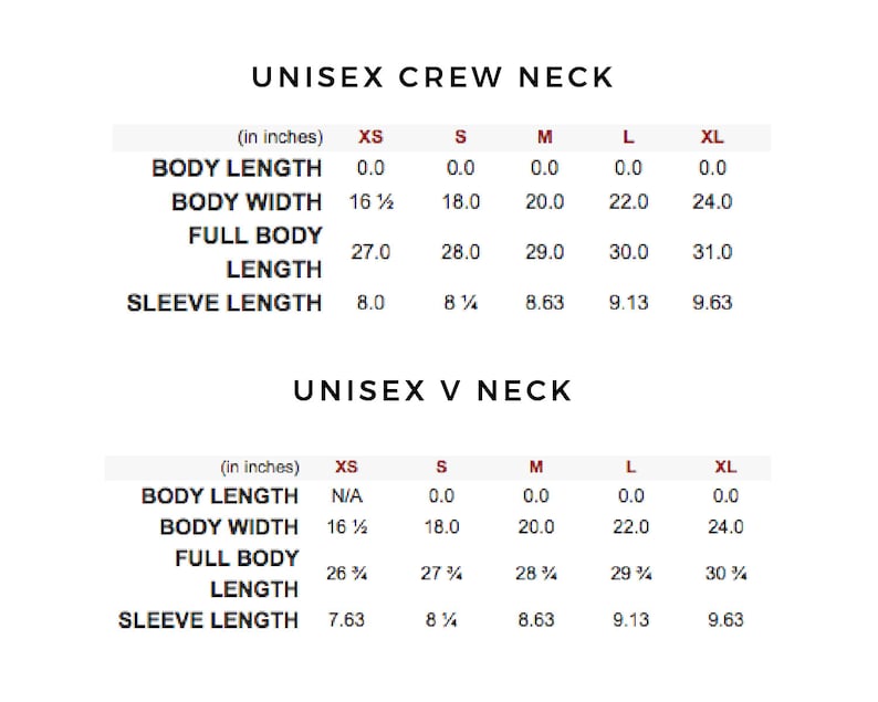Op de afbeelding: Maattabel voor unisex shirts met ronde hals en V-hals. De maten zijn in inches. De tabel toont de lichaamslengte, de breedte van het lichaam, de totale lichaamslengte en de mouwlengte voor de maten XS, S, M, L en XL.