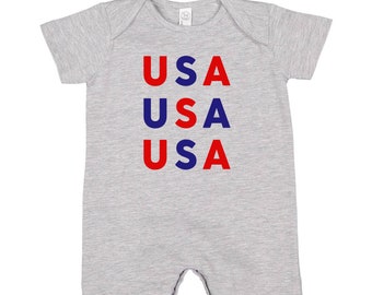 USA x3 - Short Sleeve / Shorts - One Piece Baby Romper | Infant Outfit | Patriotic Baby Outfit | Let Freedom Ring | Party in the USA |