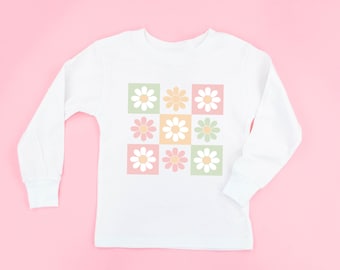 3x3 Checker Board Flowers - LONG SLEEVE Child Shirt | Kids Spring Outfit | Girls Graphic Tee | Flower Power | Flower Graphic Tee |