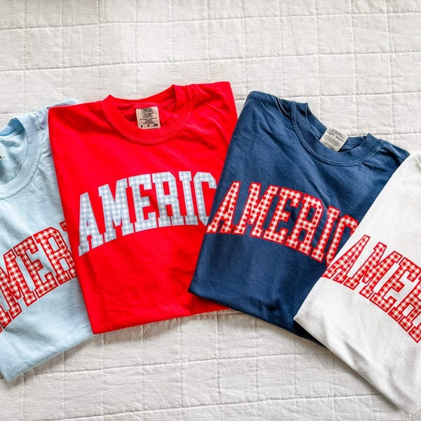 AMERICA Gingham Tee - Red White & Blue Patriotic Comfort Colors Shirt | Little Mama Shirt Shop | Independence Day Outfit |