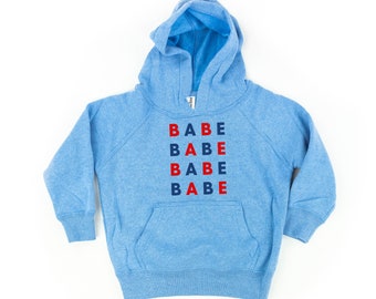 BABE - x4 Red + Blue - Child Hoodie | Kids Patriotic Shirt | Party in the USA | All American Kid | Girl's 4th of July Tee | Independence Day