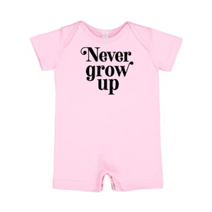 Never Grow Up - Short Sleeve / Shorts - One Piece Baby Romper | Baby Summer Outfit | Baby Romper | Infant Outfit | Gift for Baby| Swifty Tee