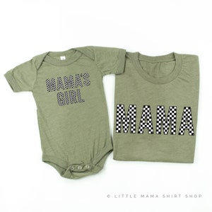 Block Font Checkers - Mama/Mama&#39;s Girl - Set of 2 Shirts - OLIVE | Mommy and Me Tees | 70 Vibes | Retro Shirts | Vans Style Checkers