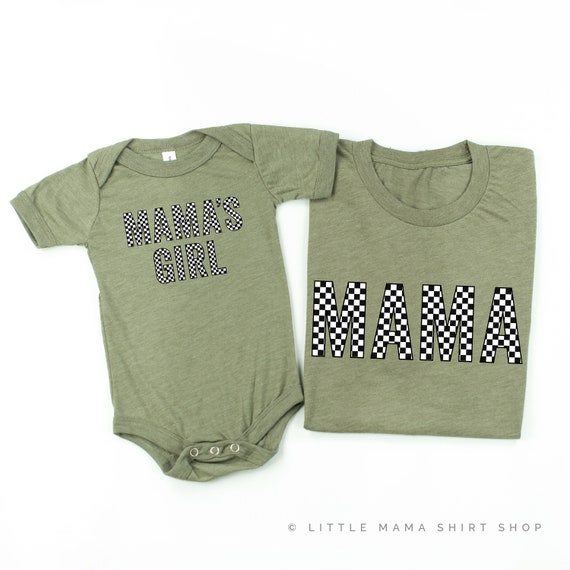 Block Font Checkers Mama/mama's Girl Set of Shirts OLIVE