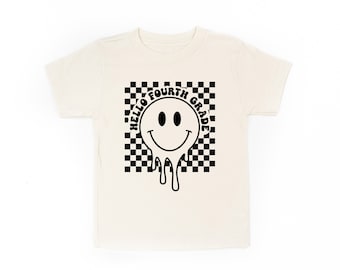 Hello Fourth Grade - Checker Smiley - Short Sleeve Child Shirt | Back to School | Kids Graphic Tee | School Clothes | Trendy Kids Clothes