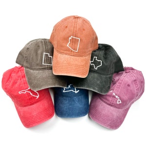 50 States - Baseball Cap (state outline front - state name back / white thread) | Women's Baseball Cap | Mother's Day | State Outline Hat |