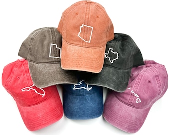 50 States - Baseball Cap (state outline front - state name back / white thread) | Women&#39;s Baseball Cap | Mother&#39;s Day | State Outline Hat |