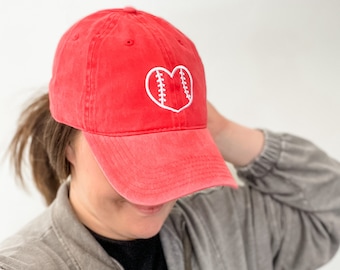 Outline Heart Baseball - Red w/ White - Adult Baseball Cap | Hats for Moms | Baseball Mom | Mother's Day Gift | Sports Mama |