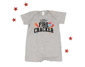 Little Firecracker - Short Sleeve / Shorts - One Piece Baby Romper | Party in the USA | Patriotic Baby Outfit | Let Freedom Ring | USA Proud