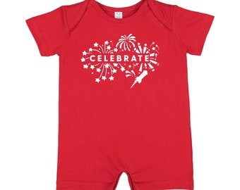 Celebrate - Short Sleeve / Shorts - One Piece Baby Romper | Infant Outfit | Gift for Baby | Patriotic Baby Outfit | Let Freedom Ring |