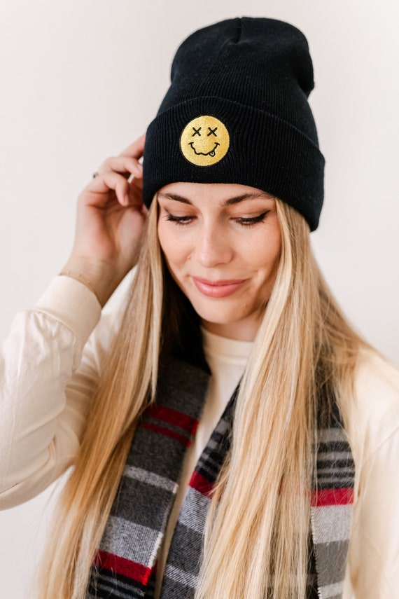 ADULT BEANIE - X Eye Smile W/ Squiggle Tongue - Black