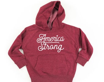 America Strong - SCRIPT - Child Hoodie | Kids Patriotic Shirt | Party in the USA | 4th of July Graphic Tee | Independence Day Shirt