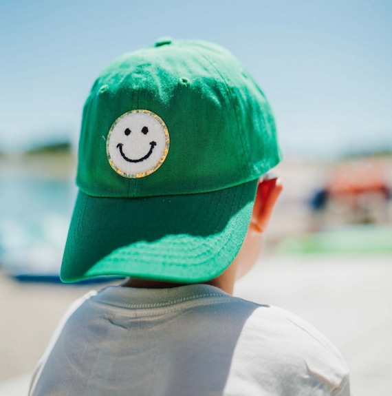 CHILD SIZE - Limited Edition Patch Hat - Kelly Green w/ White Smiley | Hats  for Kids | Kids Baseball Cap | Hats for Boys | hats for Girls 