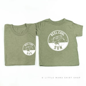 Reel Cool Dad / Son - Set of 2 Shirts - OLIVE w/ WHITE | Dad and Son Shirts | Father&#39;s Day Gift | Matching Dad and Me Tees | Fishing Shirt