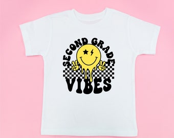 Second Grade Vibes - Peace Smiley - Short Sleeve Child Shirt | Back to School | Kids Graphic Tee | School Clothes | Second Grade Graphic Tee