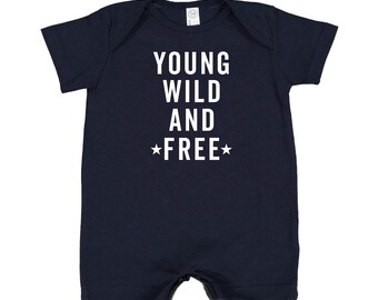 Young Wild & Free - Short Sleeve / Shorts - One Piece Baby Romper | Patriotic Baby Outfit | Let Freedom Ring | America Proud | USA Pride