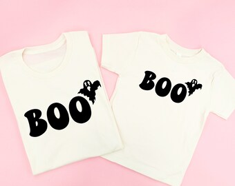 BOO (Ghost) - Set of 2 Shirts - NATURAL w/ BLACK | Halloween Graphic Tees | Mom and Me Halloween | Matching Halloween Tees | Boo Crew