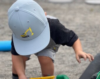 Excavator - Child Size - GRAY Flat Brimmed Hat | Toddler Boy Hats | Little Boy Hat | Flat Brim Hats | Construction Trucks | Hats for Boys