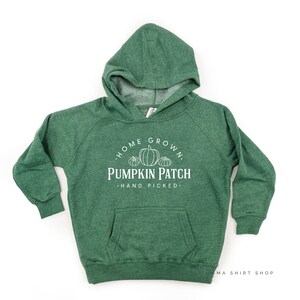 May include: A green hooded sweatshirt with a front pocket and white text that reads "HOME GROWN PUMPKIN PATCH HAND PICKED" with pumpkin illustrations. The sweatshirt is a solid green color.
