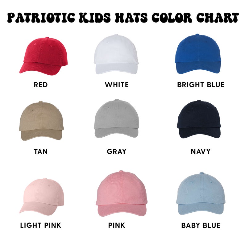 Op de afbeelding: Kleurenkaart met negen verschillende kleuren van baseballpetten voor kinderen. De kleuren zijn rood, wit, felblauw, bruin, grijs, marineblauw, lichtroze, roze en babyblauw.