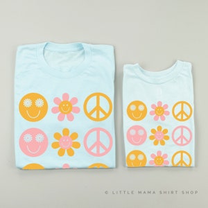 3x3 - Retro Happy Flowers - Set of 2 Shirts - ICE BLUE | Mommy and Me Shirts | 70 Vibes Matching Tees | Retro Matching Shirts | Peace