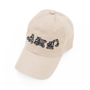 3 In A Row Construction Trucks - Child Size - TAN Curved Brim Hat | Toddler Boy Hats |Boy Hat || Construction Trucks | Hats for Boys