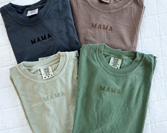 Embroidered Long Sleeve Comfort Colors Tee - TINY CAPS MAMA - Tone on Tone Thread | Mother's Day Gift | Gift for Mom | Love My Crew |