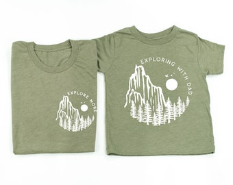 Ontdek meer + Exploring With Dad - Set van 2 shirts - OLIJF met WIT | Shirts voor vader en zoon | Vaderdagcadeau | Shirt vader en dochter