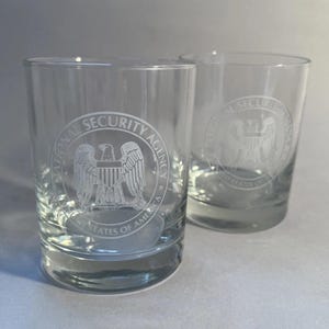 Vintage Pair of NSA National Security Agency Etched Old Fashion Rock Glasses Tumblers