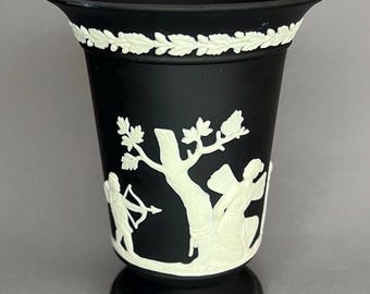 Vintage Neoclassical Style Wedgwood Black Jasperware Footed Vase, England