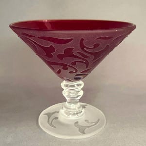Vintage Michael Weems Etched Art Glass Dessert Compote or Martini Glass, Signed