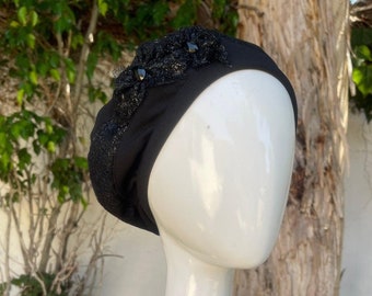 Embellished Hat for Women, Black Texture, Larger Heads, Slip On Elegant Chemo Headwear, Gift for Her, Pretied Tichel Hat for Fancy Occasions