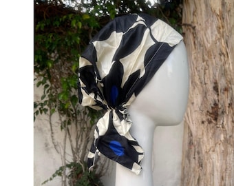 Pre Tied Head Covering for Women, Cotton Sateen, Black/Cobalt Blue Print, Shorter Tails, Stretchy Hair Cover, Light Weighted Chemo Headwear