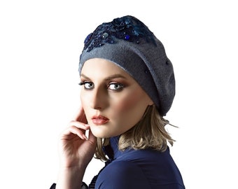 Exquisito sombrero de boina para mujer, floral azul, cubierta de cabeza adornada, Tichel elegante, elegante sombrero Chemo Tam, ocasión especial, Yeela