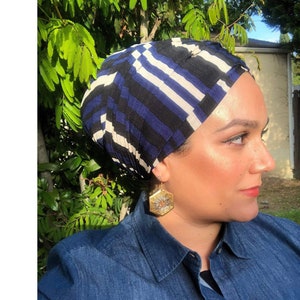Stretchy Striped Blue Head Wrap Scarf Tichel